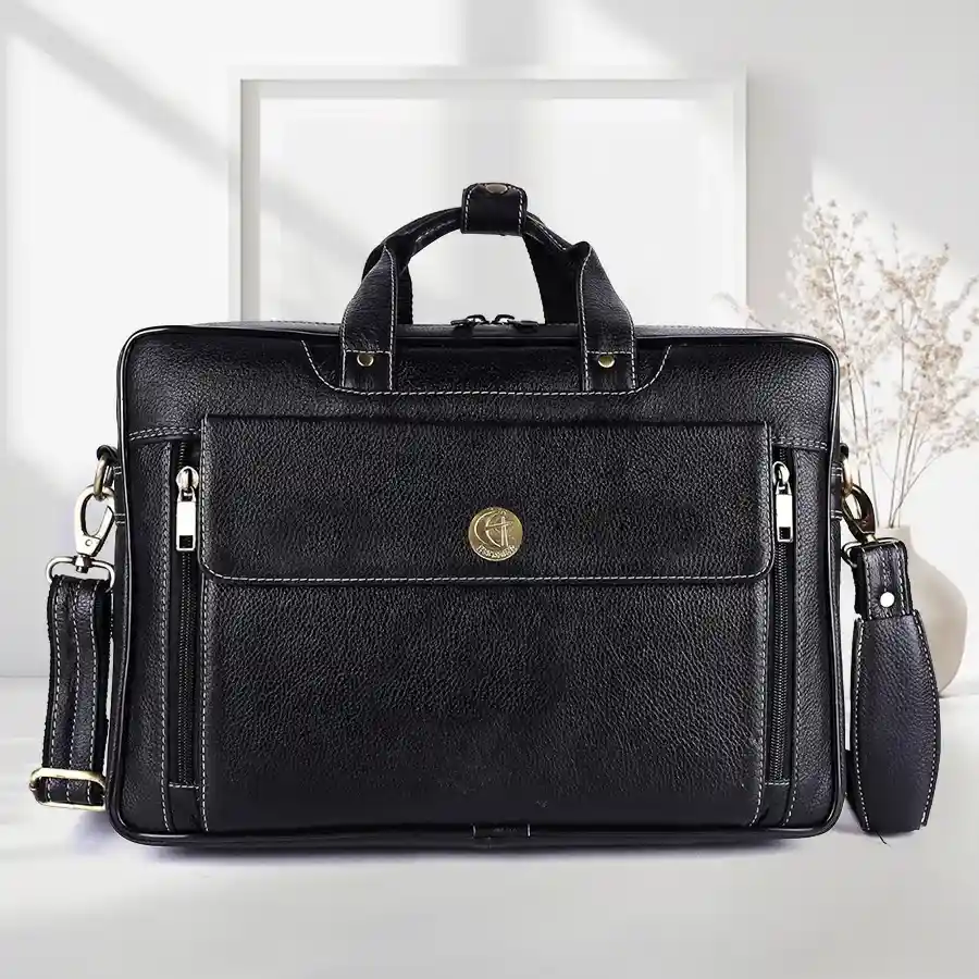 Sophisticated Expandable Leather Laptop Bag for Men, designed for laptops up to 16 inches, featuring an adjustable strap and expandable storage.