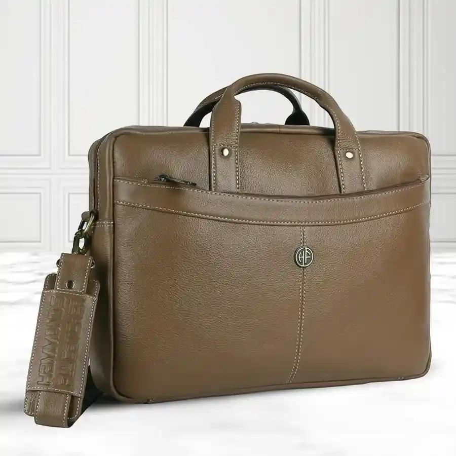 Elegant Leather Laptop Messenger Bag in Burlywood for Men, designed to fit up to a 16-inch laptop with multiple compartments.