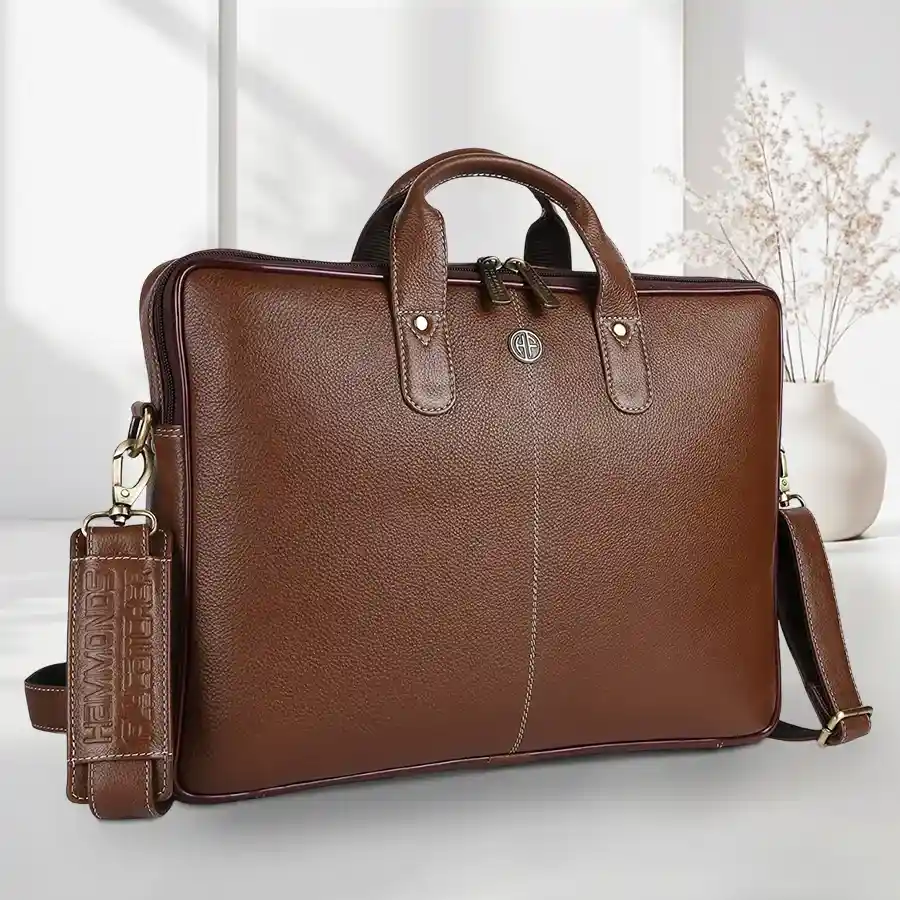 Stylish Burlywood leather laptop bag for men, suitable for 14-inch laptops, showcasing elegance and functionality.