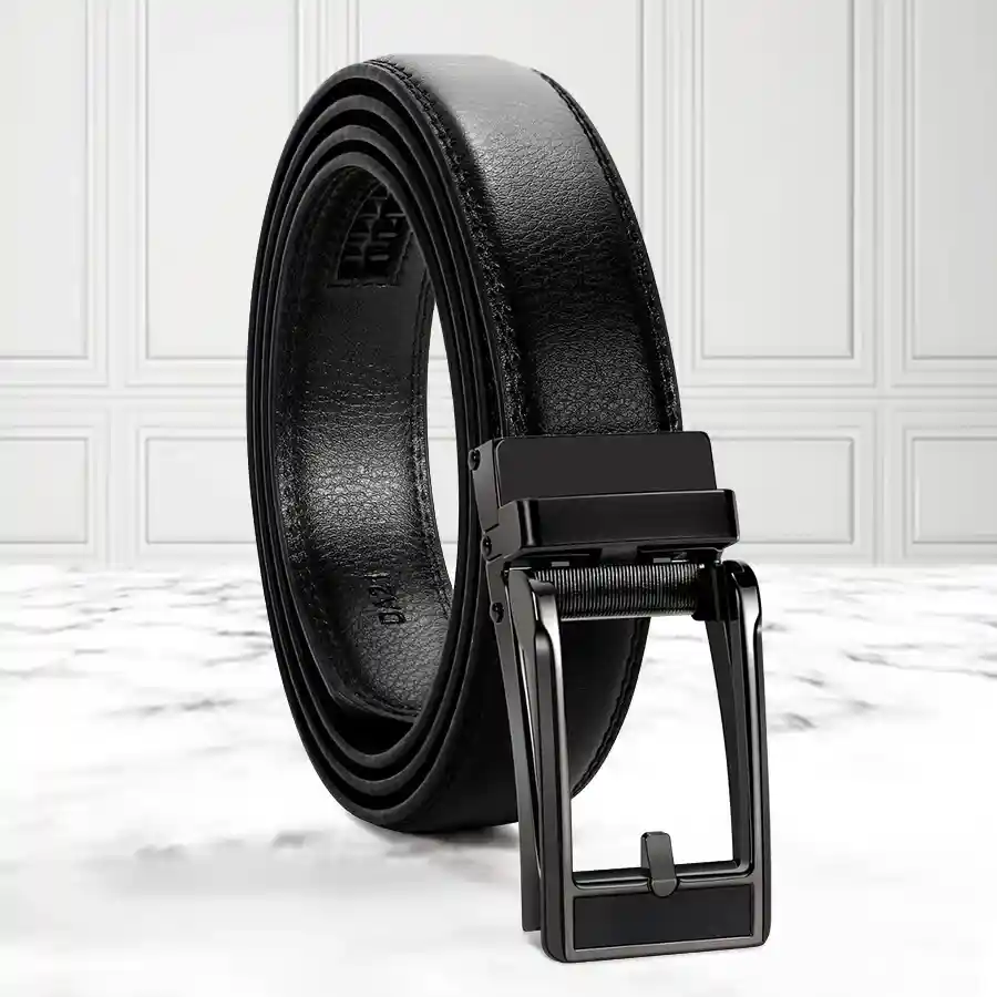 Majestic Black Autolock Leather Belt for Men, showcasing elegant design and durable craftsmanship. Perfect for any occasion, with adjustable fit.