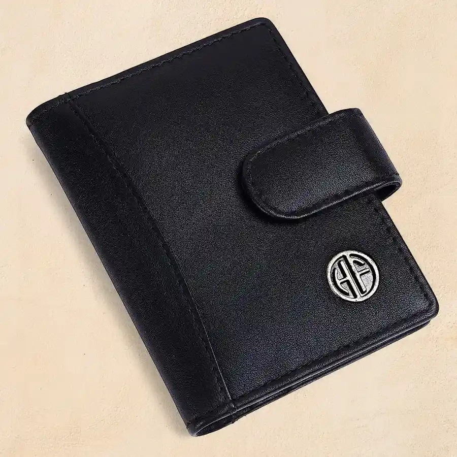 Stylish RFID Protected Card Holder Wallet in black leather.