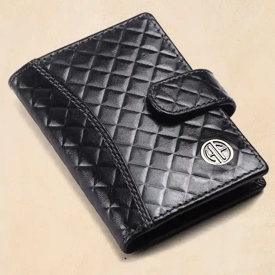 Stylish RFID Leather Card Holder Wallet in Rhombus Black, featuring multiple card slots and RFID protection for security and elegance.