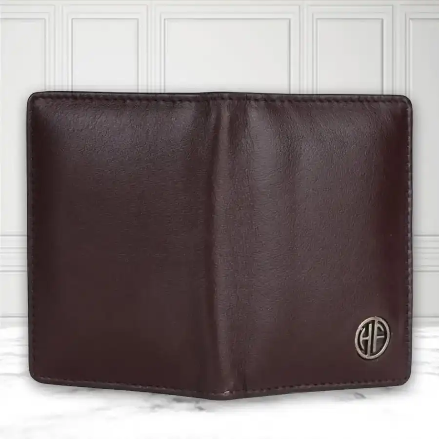 RFID Leather Card Holder Wallet in Redwood Brown with six card slots.