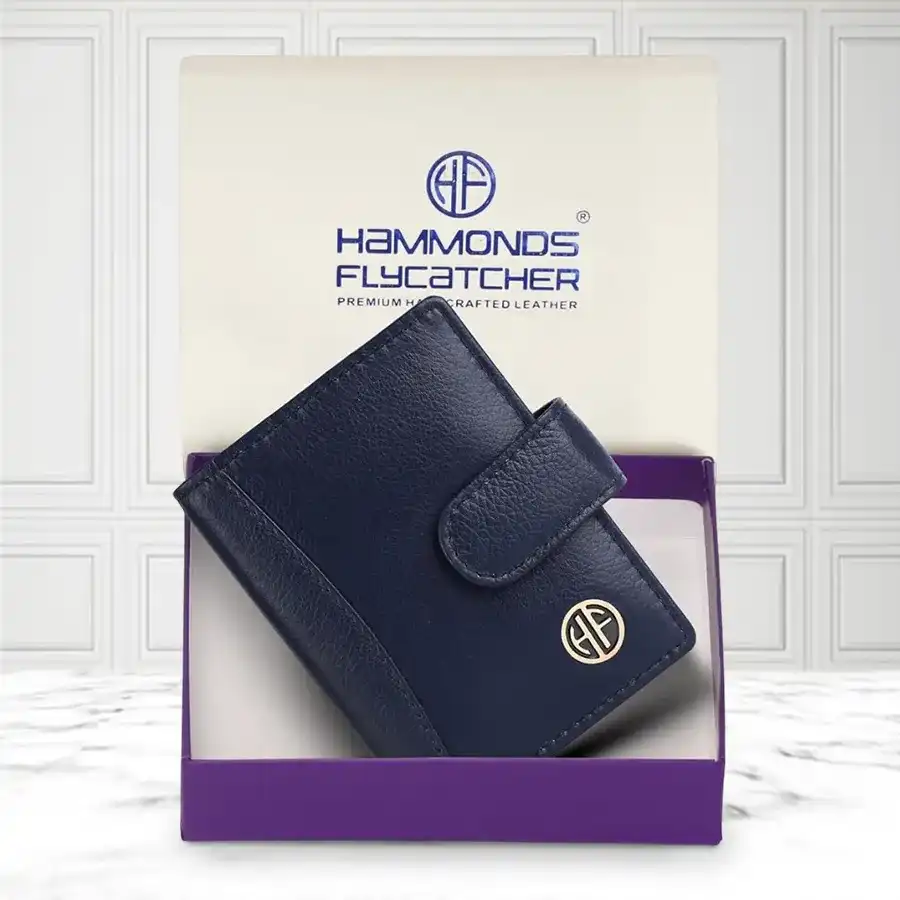 Prussian Blue RFID Protected Leather Card Holder Wallet with six slots.