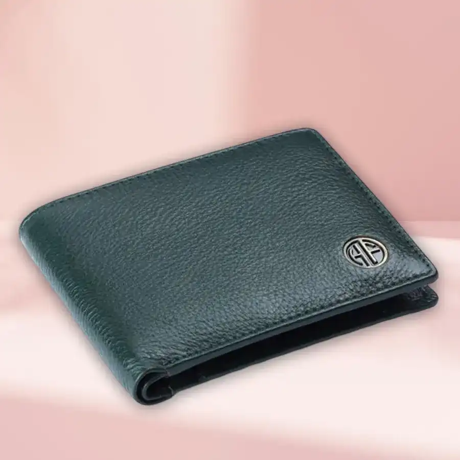 Sea green leather RFID protected wallet for men with four card slots and secure closure.