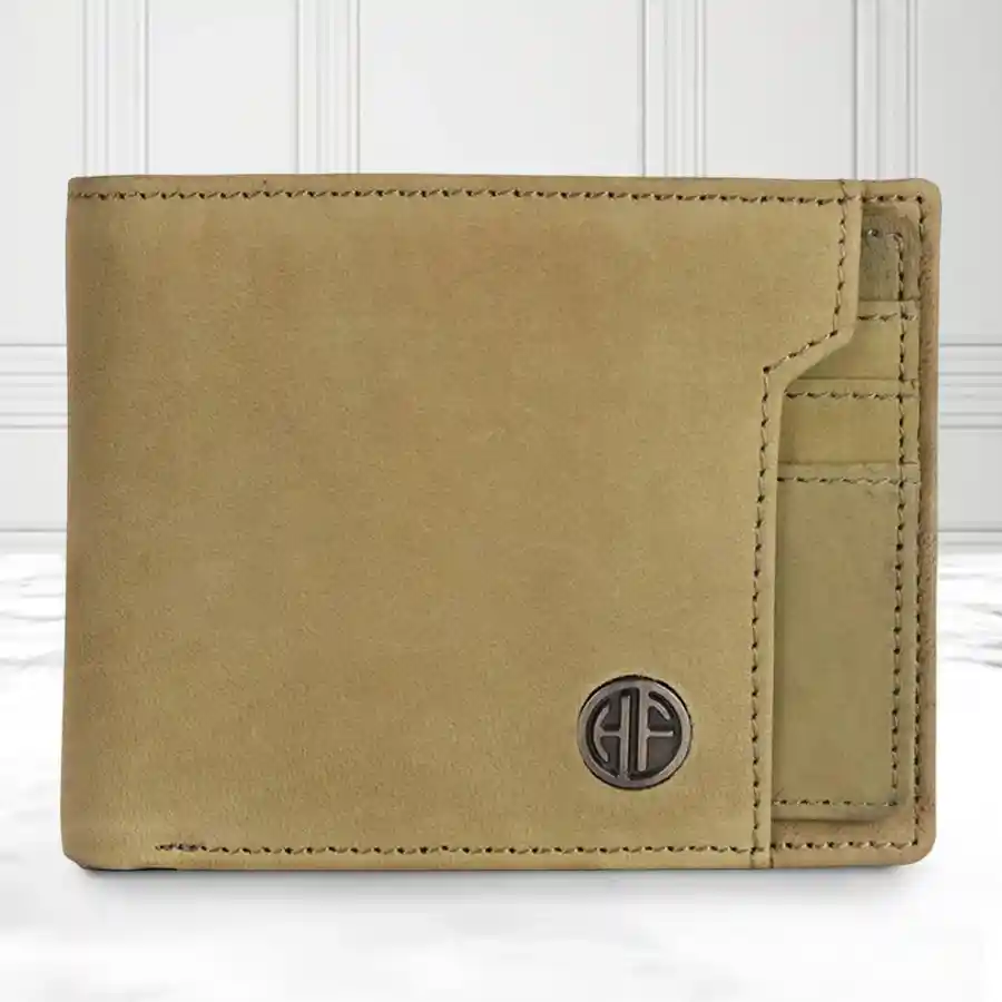 Classy moss green RFID protected leather wallet for men with six card slots.