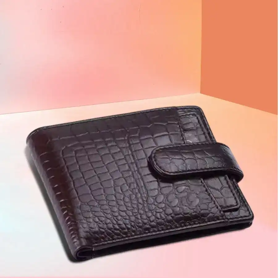 RFID Protected Leather Wallet for Men in Croc Brown with multiple card slots and currency pockets.