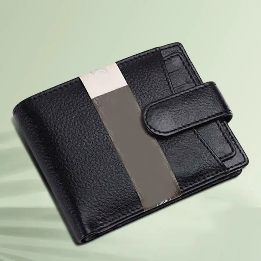Sleek black RFID protected leather wallet designed for men, featuring five card slots and two currency pockets.