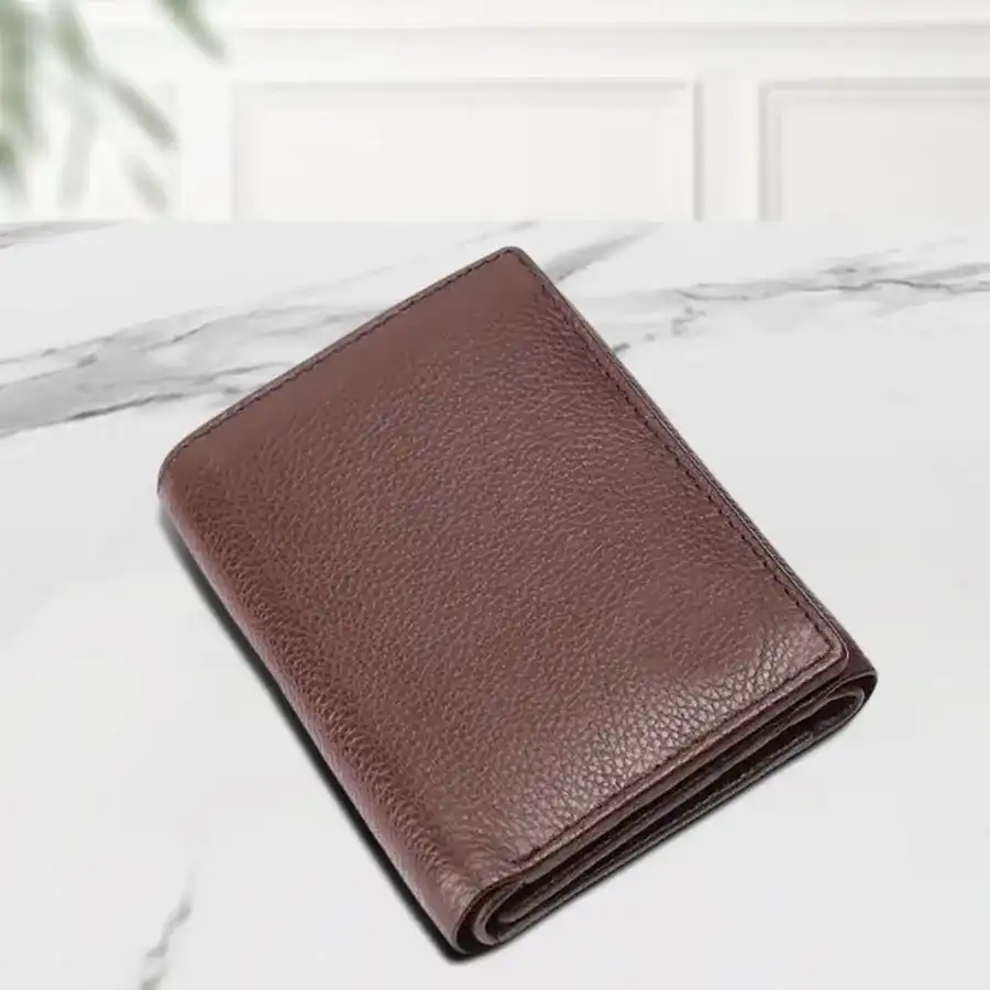 Timeless RFID Leather Trifold Wallet in Redwood Brown with five card slots.