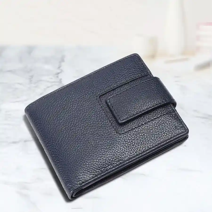 Prussian Blue RFID Protected Trifold Leather Wallet for Men, featuring 7 card slots and a zipper coin pocket.