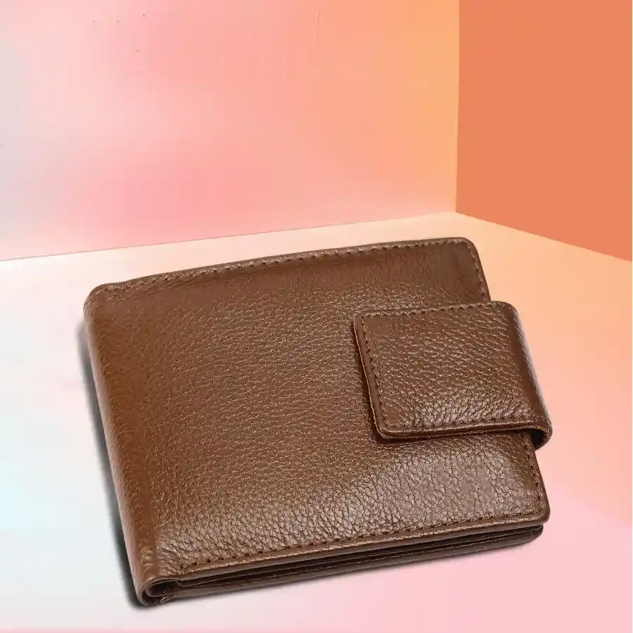 Elegant RFID Protected Trifold Leather Wallet in Brushwood, designed for style and security with six card slots and a snap button closure.