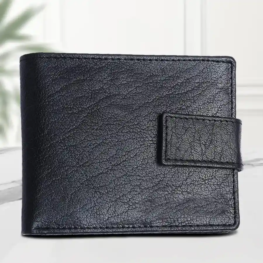 Sleek black leather RFID protected bi-fold wallet for men with six card slots and a snap button closure.