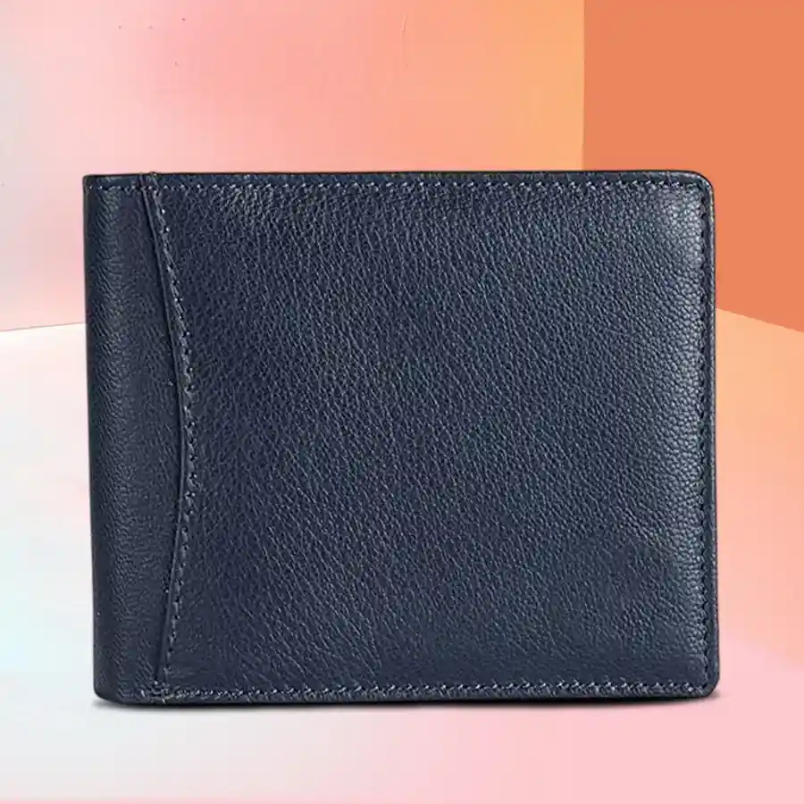 Stylish blue leather wallet for men with RFID protection and six card slots.