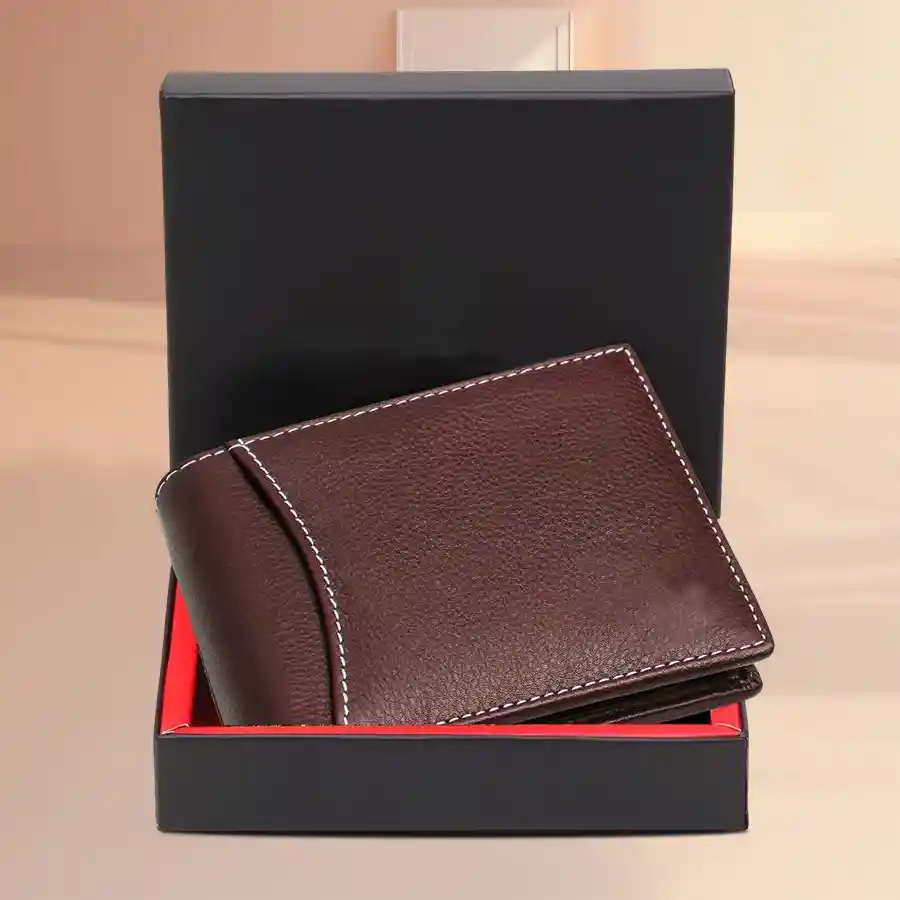 Stylish RFID protected leather wallet for men in brown with 6 card slots.