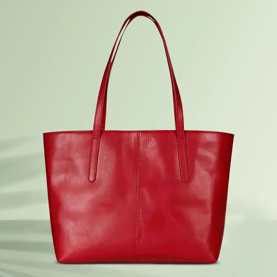 Chic Red Leather Handbag with seven pockets for women.