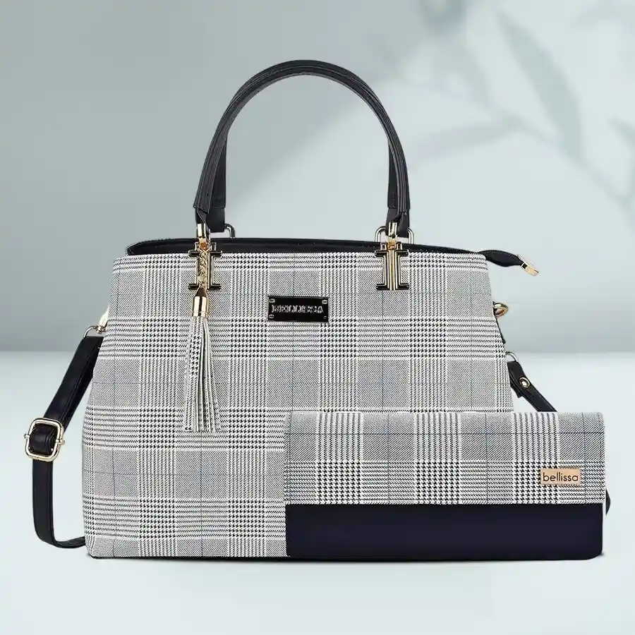 BELLISSA cream and black checkered leather handbag and wallet combo for women, featuring stylish design and practical compartments.