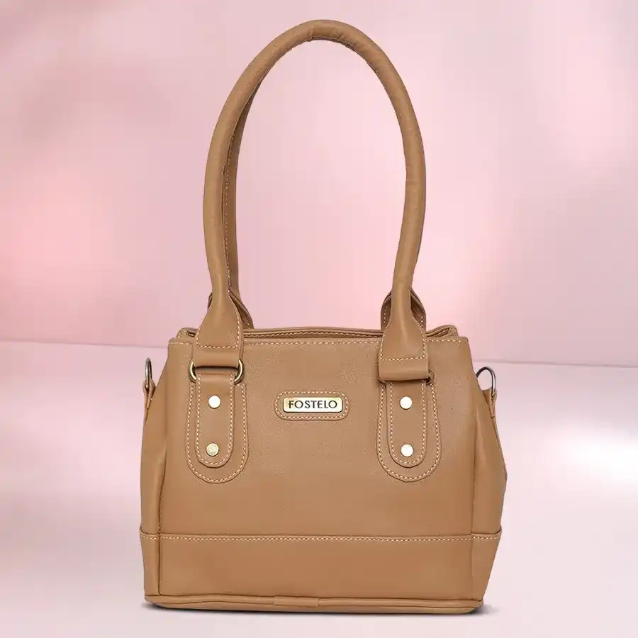 Fostelo tan faux leather shoulder bag with multiple pockets and zippers, ideal for women's casual and professional use.