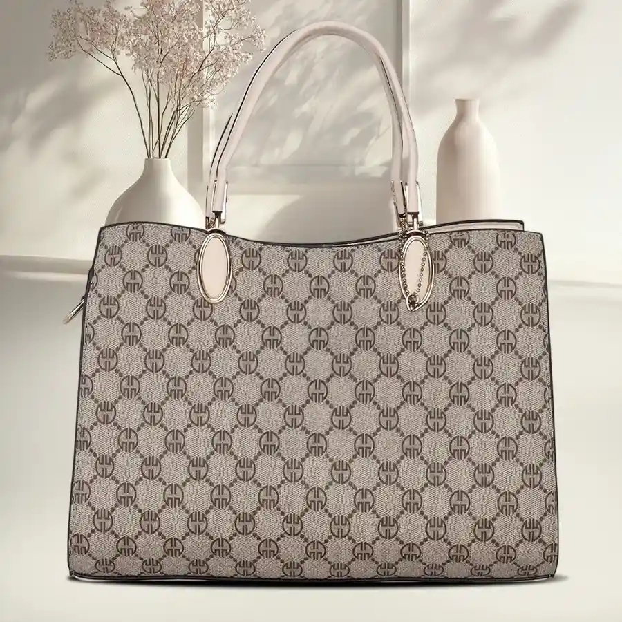 EXOTIC cream-colored handbag for women, featuring adjustable shoulder strap and side zipper pockets, made from PU leather.