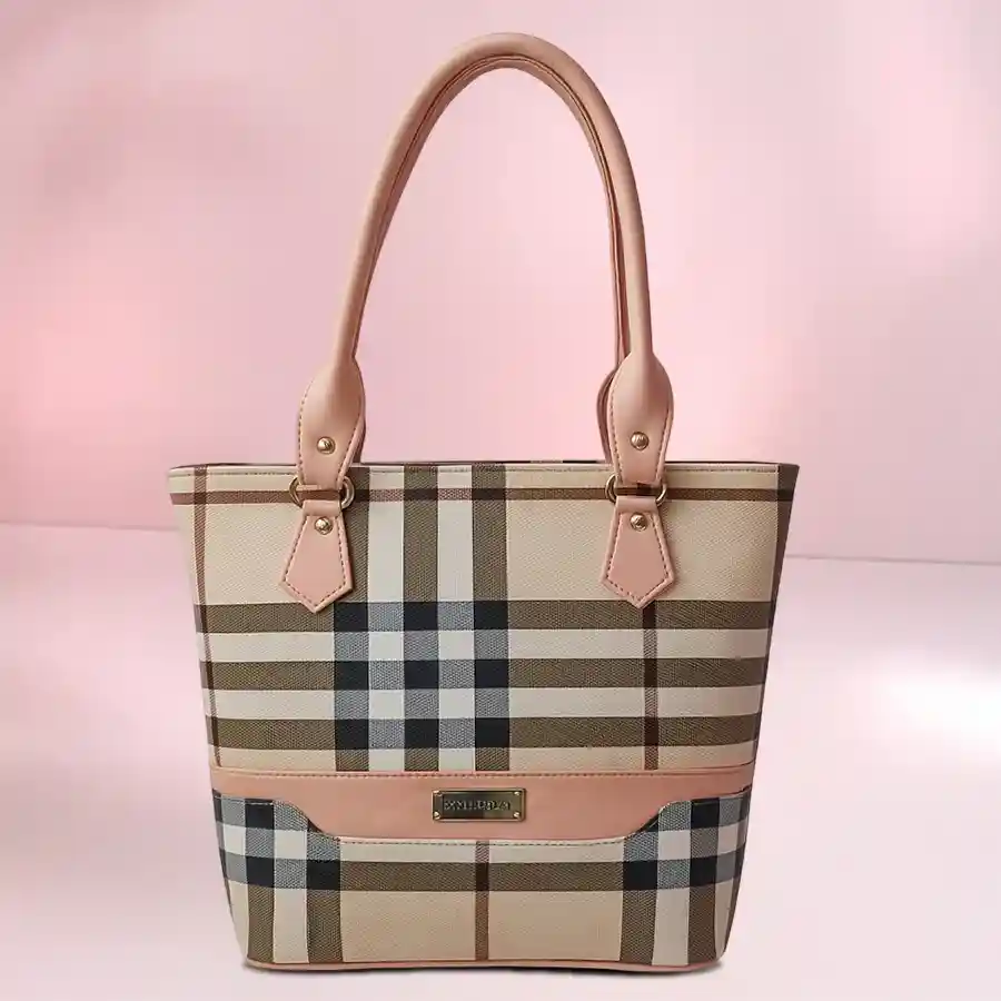 Chic Beige-Handled Vanity Bag with multicolor checkered design.