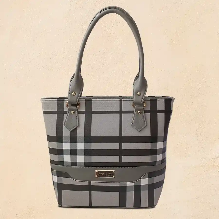 Chic Twin Chamber Shoulder Bag in grey and black checkered design with grey handle, featuring double partitions for organized storage.