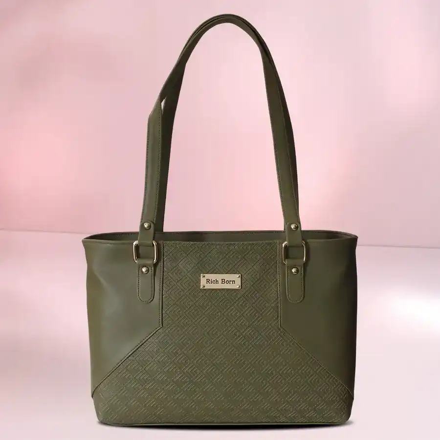 Chic mehendi colored ladies office bag with front zip pocket.