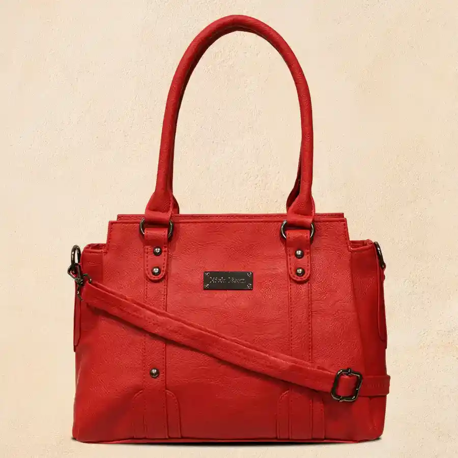 Chic deep red ladies shoulder bag with double partitions, crafted from faux leather.
