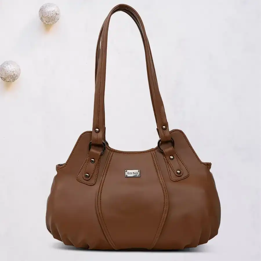 Chic Utility Shoulder Bag for Her in brown faux leather with double chambers, designed by Richborn, perfect for daily use.