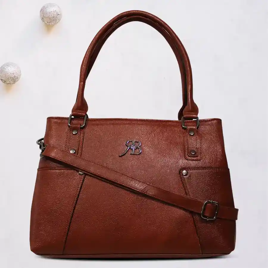 Chic chocolate brown faux leather vanity bag with square stitch design and two chambers.