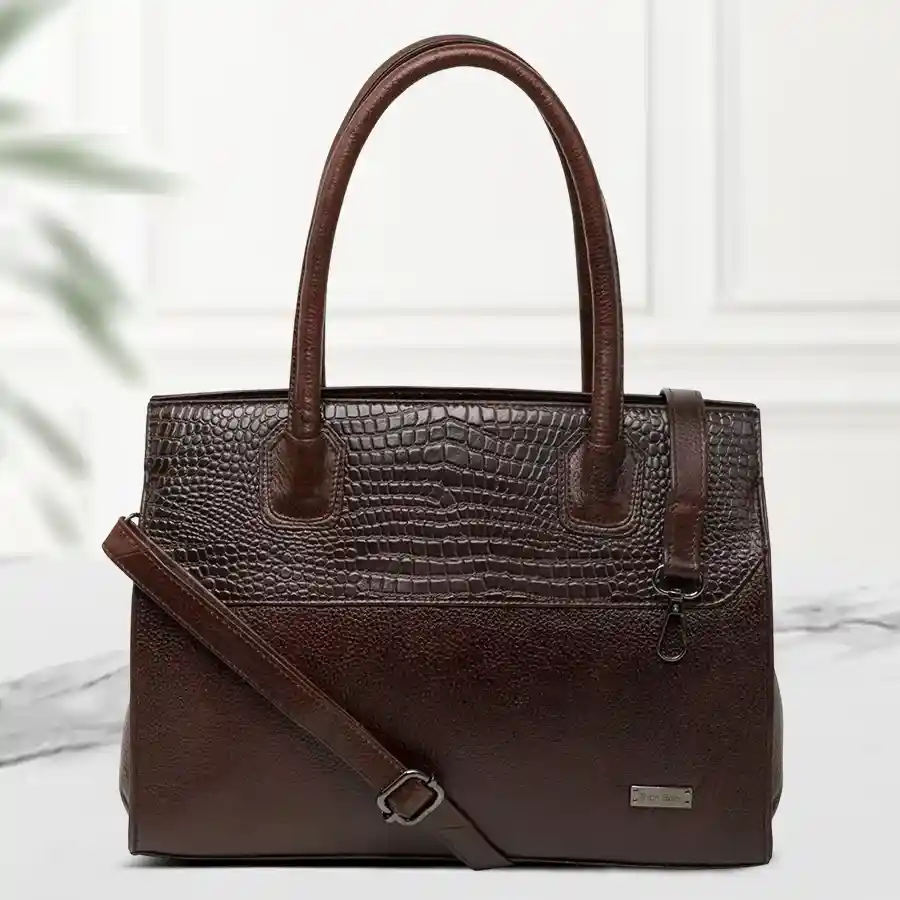 Deep brown multi-utility shoulder bag made from faux leather with two chambers and a front zip, designed for ladies.