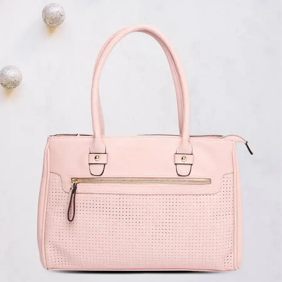 Charming Light Pink Faux Leather Shoulder Bag with dashing bottom belt design.