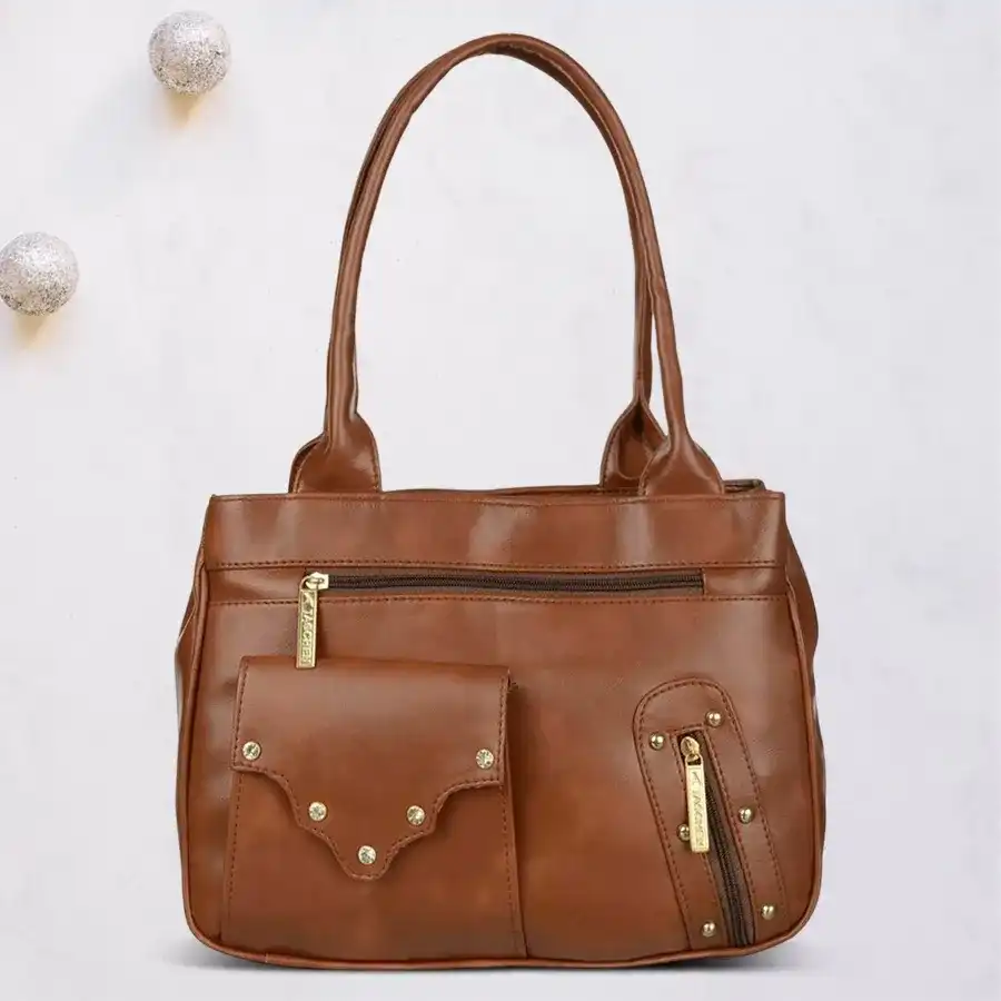 Chic Brown Ladies Shoulder Bag with 3-Strip Design.
