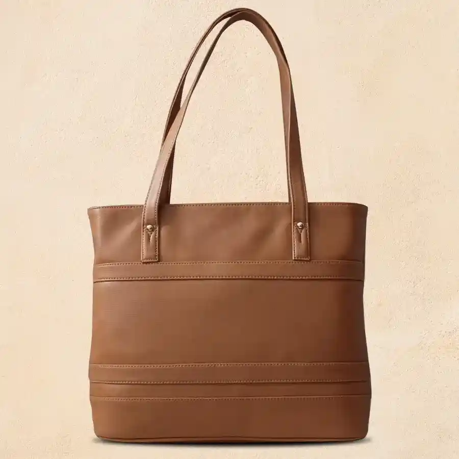 Elegant Light Brown Ladies Vanity Bag made of faux leather with multiple pockets.