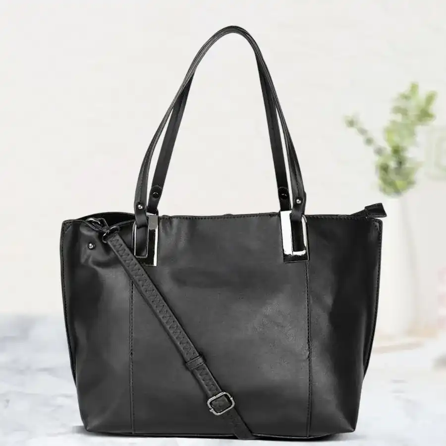 Chic Black Faux Leather Vanity Bag designed for ladies, featuring two chambers and a front zip for organization.