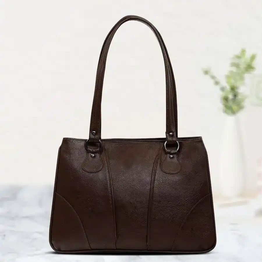 Chic Double Zip Vanity Bag in dark brown faux leather for women.