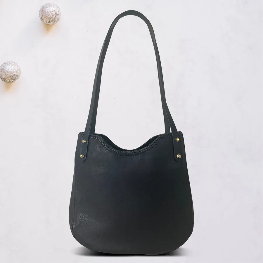Elegant Double Zip Vanity Bag in charcoal black faux leather.