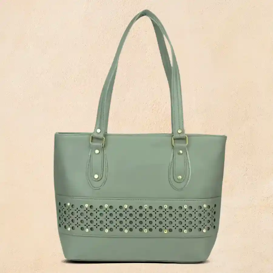 Stylish Pista Green Chic Embroidered Tote, a faux leather shoulder bag with intricate embroidery, perfect for women.
