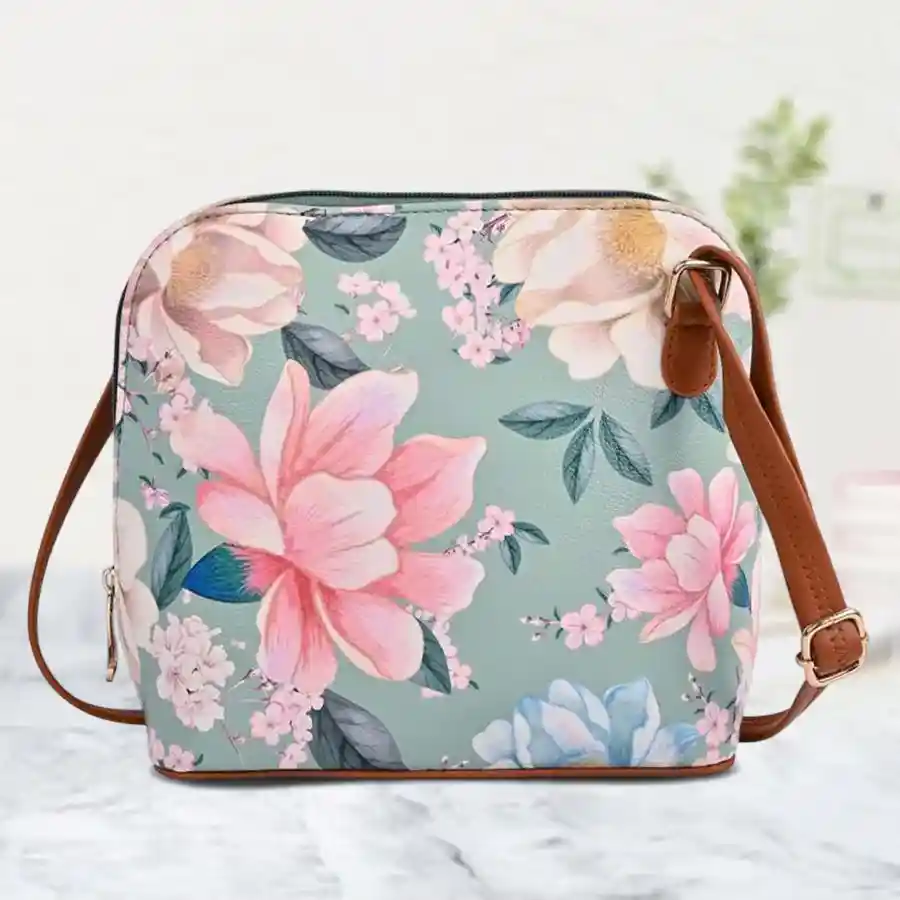 Vibrant Floral Print Crossbody Sling Bag in Green, perfect for women.