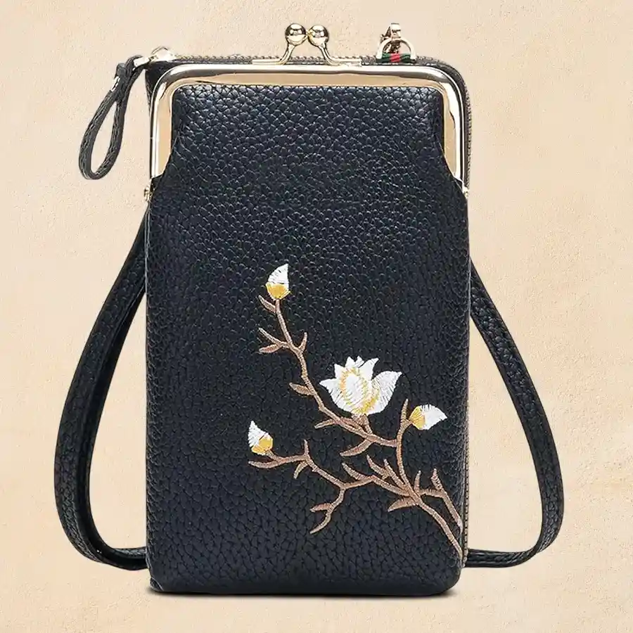 Stylish navy crossbody sling bag for women, featuring compartments for phone, cards, and cash.