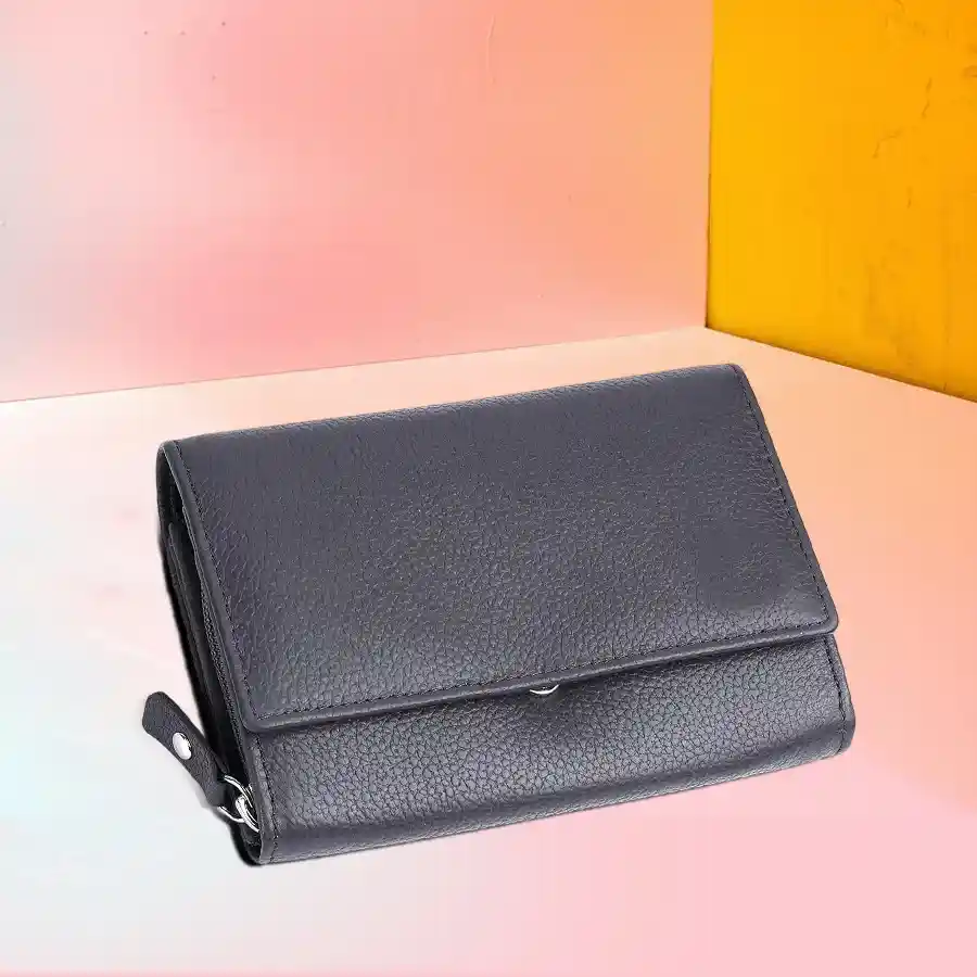 Elegant RFID Leather Purse for Ladies in Graphite Grey with 8 card slots and button closure.