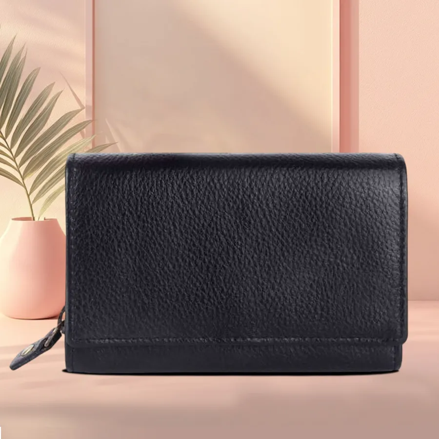 Elegant black leather ladies purse with RFID protection, featuring 8 card slots and 5 compartments for organized storage.