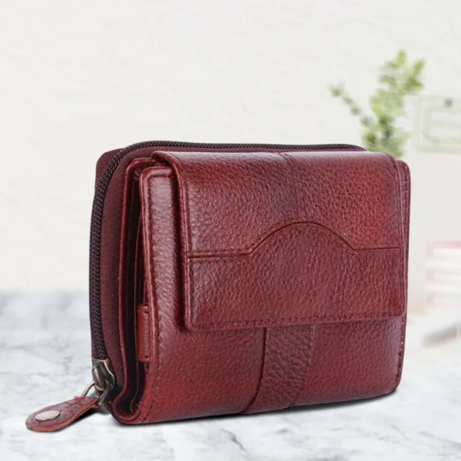 Stylish RFID Leather Purse in Berry Red with 14 card slots, designed for modern women.