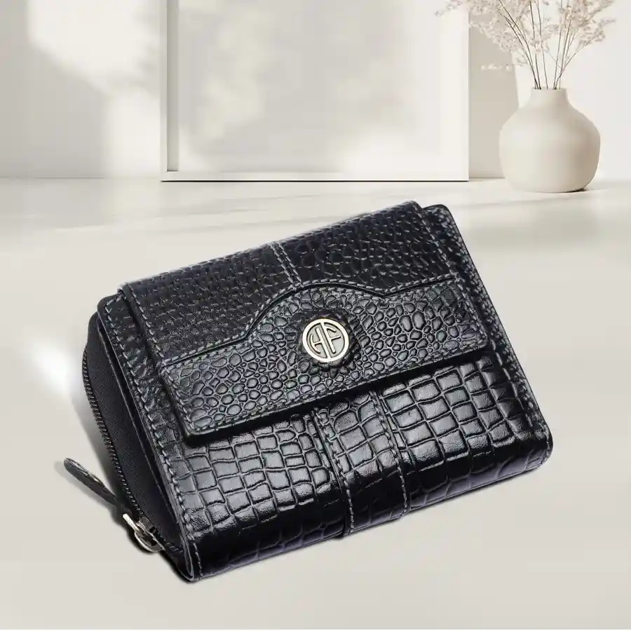 Premium Leather RFID Protected Ladies Purse in Croc Black, featuring 14 card slots and a sophisticated crocodile texture.