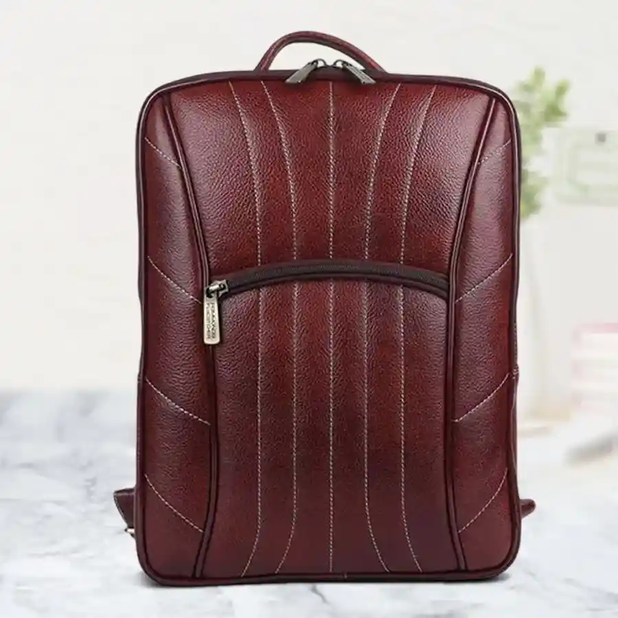 Stylish Leather Laptop Backpack designed for 16-inch laptops in brown leather.