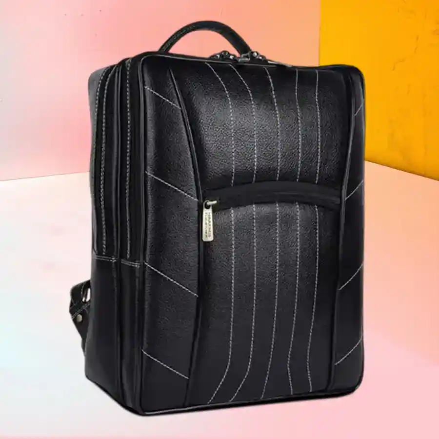 Elegant Black Leather Laptop Backpack designed for 16-inch laptops, featuring spacious compartments and padded shoulder straps for comfort.