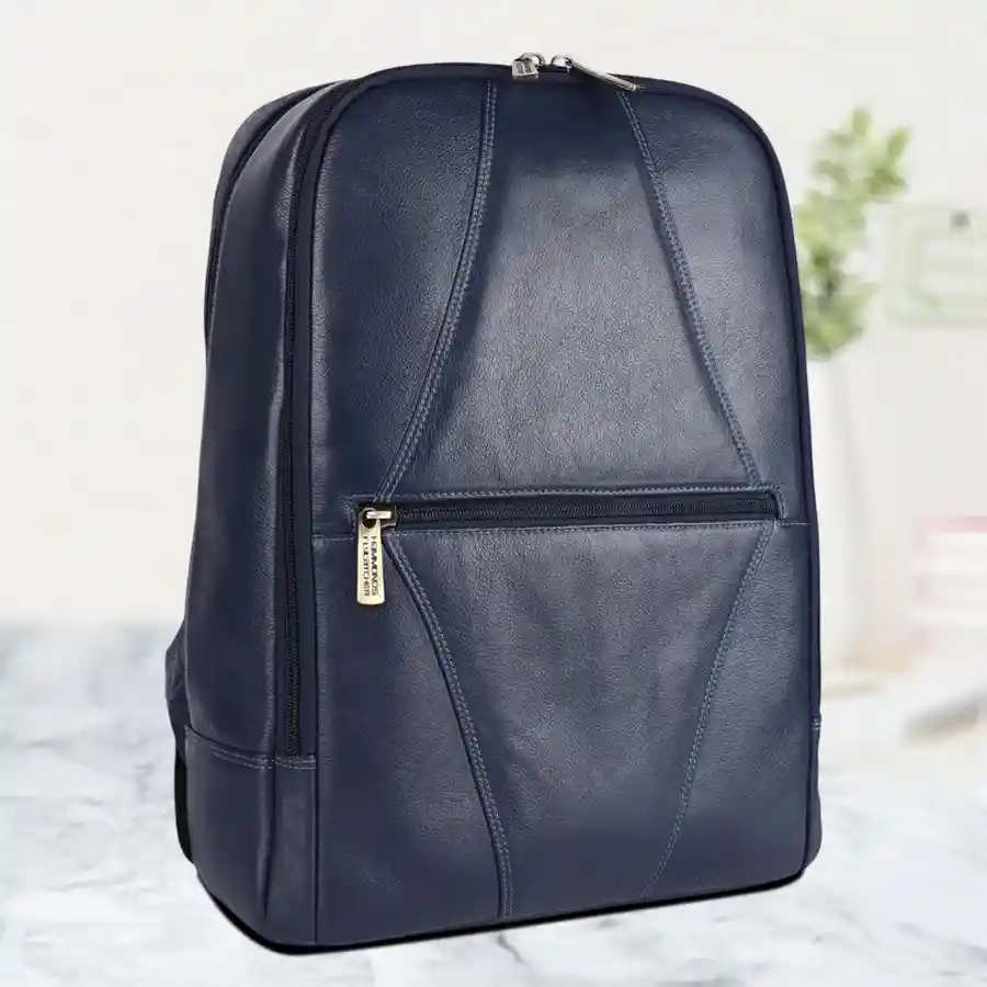 Stylish blue leather laptop backpack designed for 14-inch laptops, featuring multiple pockets and padded shoulder straps for comfort.