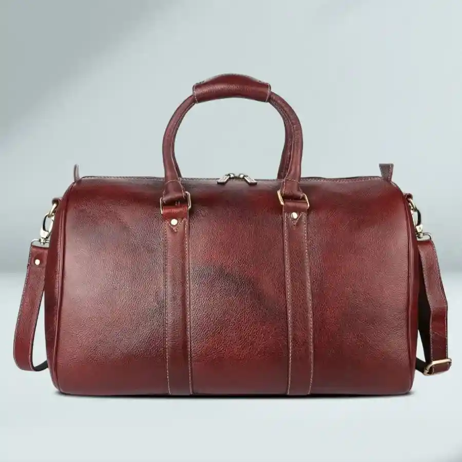 Elegant Brown Leather Travel Bag, 18-inch duffle, showcasing durability and style, ideal for travel and organization.