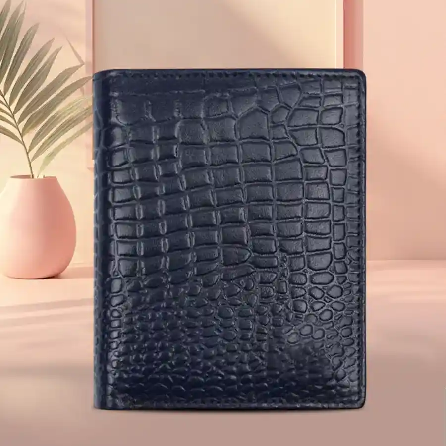 Stylish RFID Leather Passport Holder in Croc Blue, featuring dedicated slots for passport, cards, and ID, crafted from premium leather.