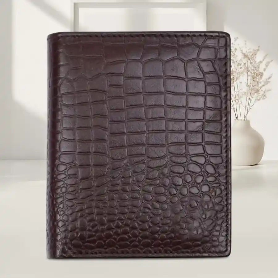 Elegant RFID Leather Passport Holder in Croc Brown with organized slots for passport, cards, and ID.