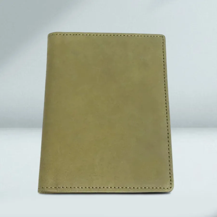Stylish Moss Green Leather Passport Holder with RFID protection and dedicated slots for cards and ID.