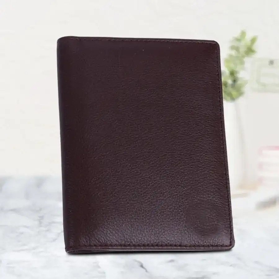 Elegant RFID Leather Passport Holder in Redwood Brown with slots for passport, cards, and ID, designed for stylish and secure travel.